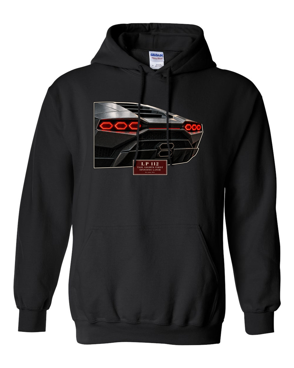 Lamborghini Countach LPI 800-4 taillight macro print with LP 112 lettering black pull over hoodie front view with the design