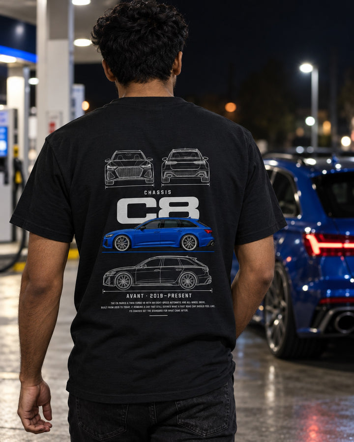 Audi C8 RS6 Avant wagon Blueprint Full-Back Graphic Tee, C8 Chassis Code T-Shirt Black worn hero