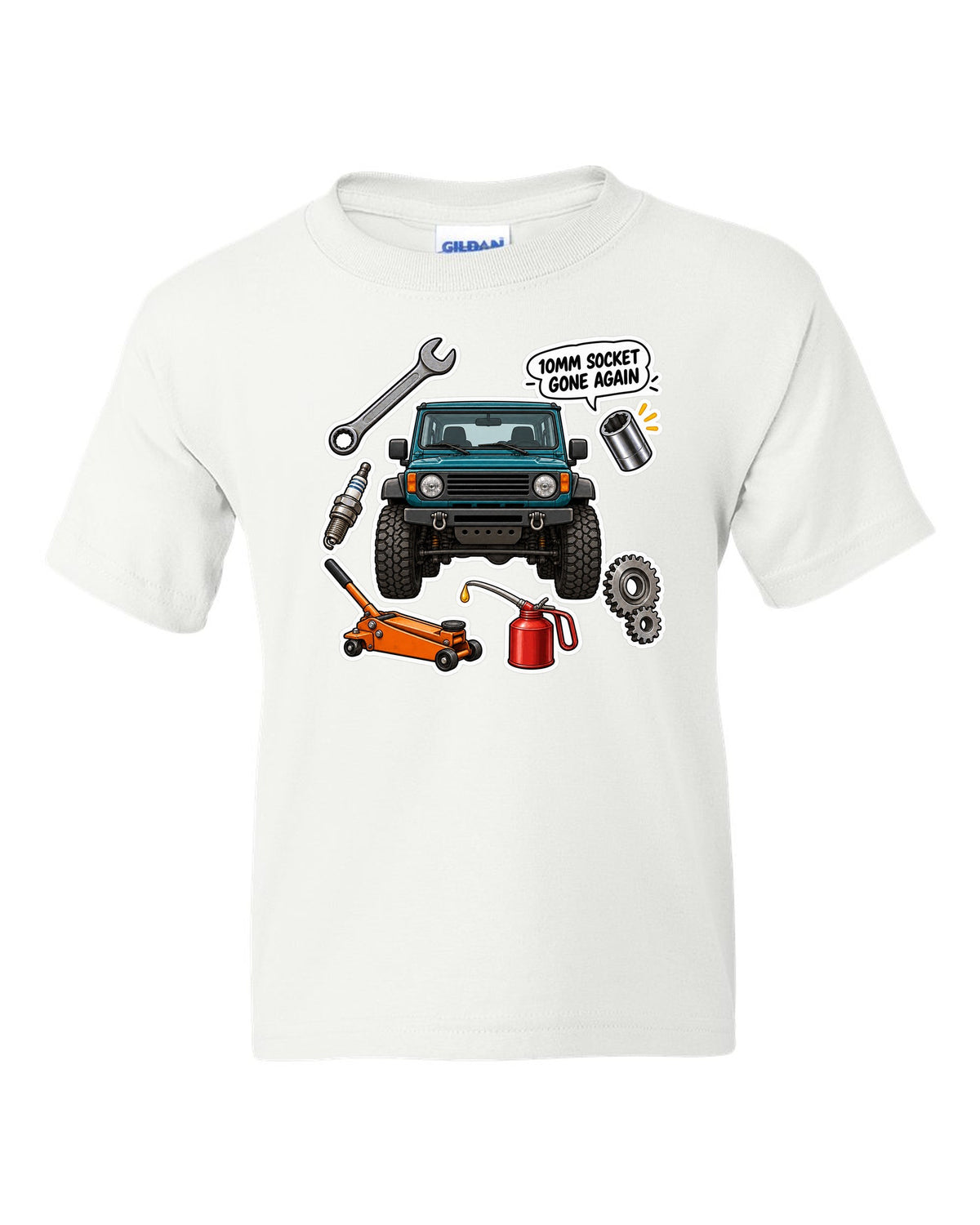 Jeep Wrangler TJ sticker bomb collage design with 10mm socket gone again text white kids tee front view with the design