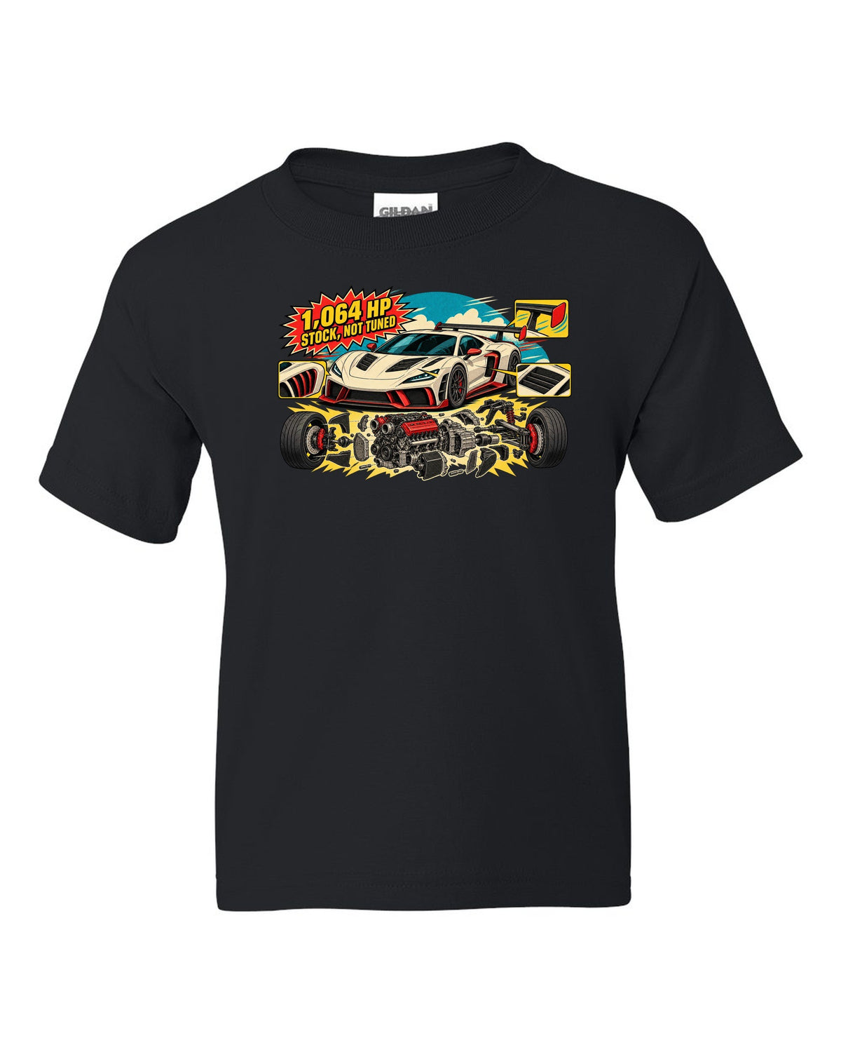Exploded flat-plane V8 engine schematic with a 2023 C8 Corvette Z06 black kids tee front view with the design