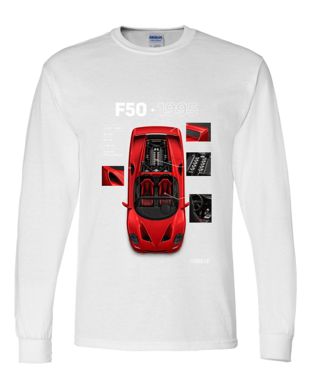 Ferrari F50 1995 top-down plan spec poster print, F130B 4,698 cc V12, 520 PS white long sleeve front view with the design