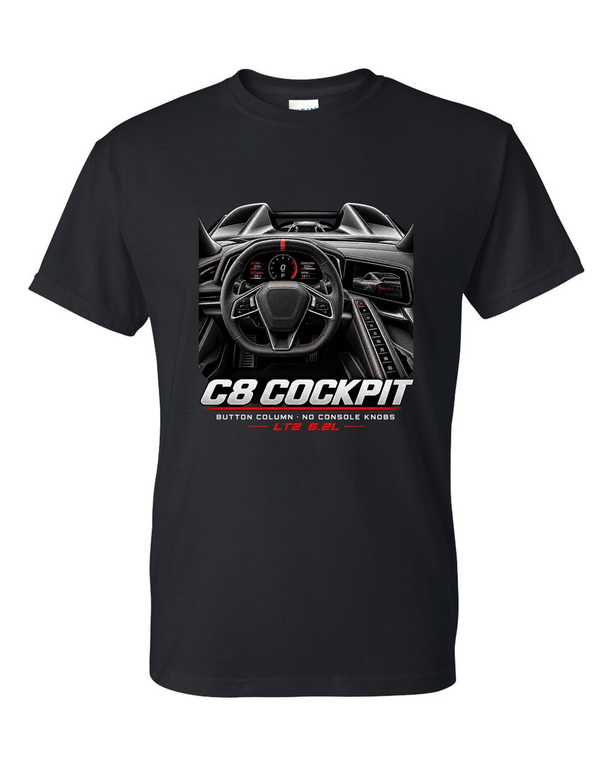 Corvette C8 Stingray 2020 cockpit with button column black t-shirt front view with the design
