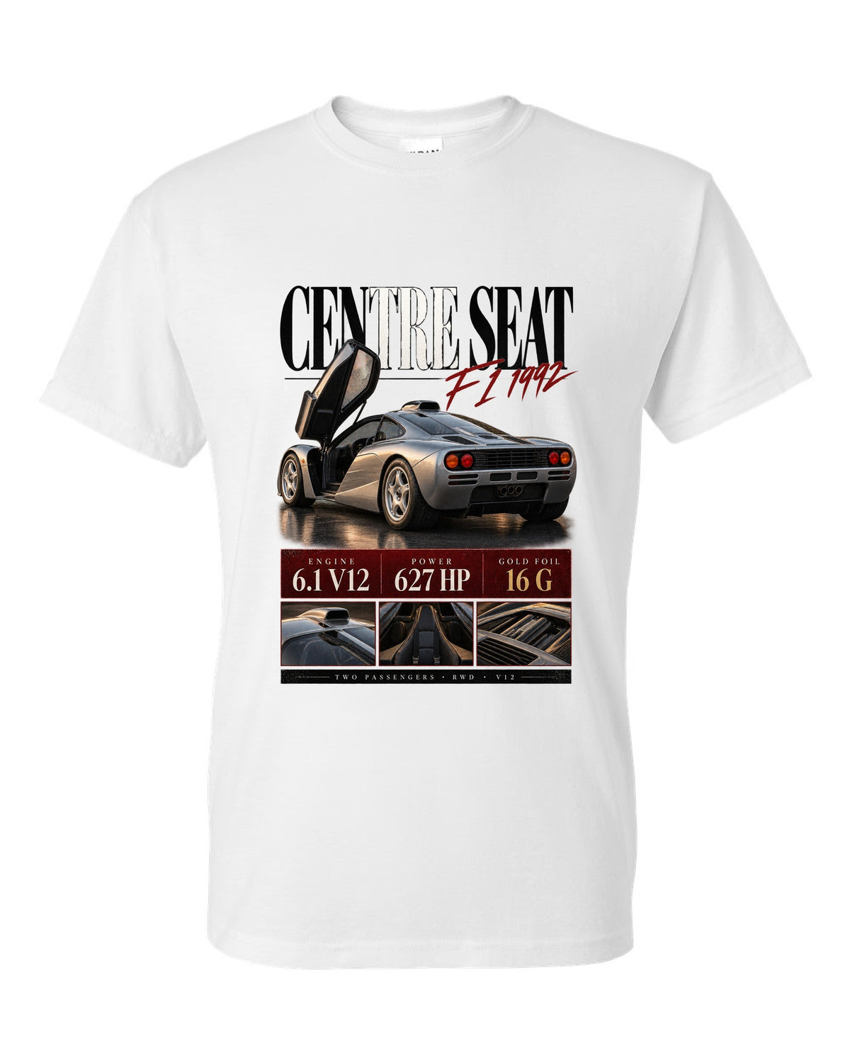 Archive panel print of the 1992 McLaren F1 with centre driving seat and V12 specification text white t-shirt front view with the design