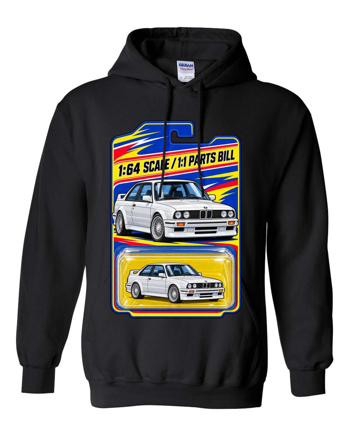 Vaporwave pastel print of a BMW E30 M3 slicktop with roof leaks not included text black pull over hoodie front view with the design