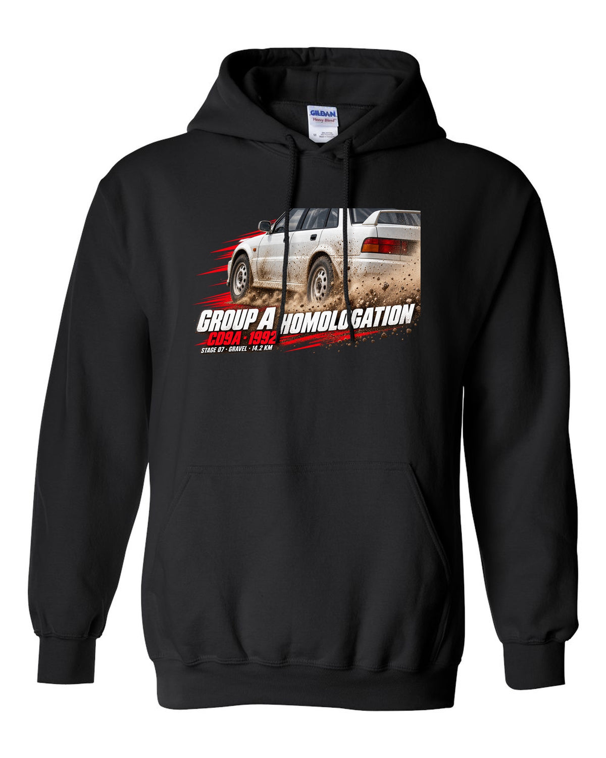Rally poster print for the Mitsubishi Lancer Evolution I CD9A reading Group A Homologation, 1992, Stage 07 gravel black pull over hoodie front view with the design