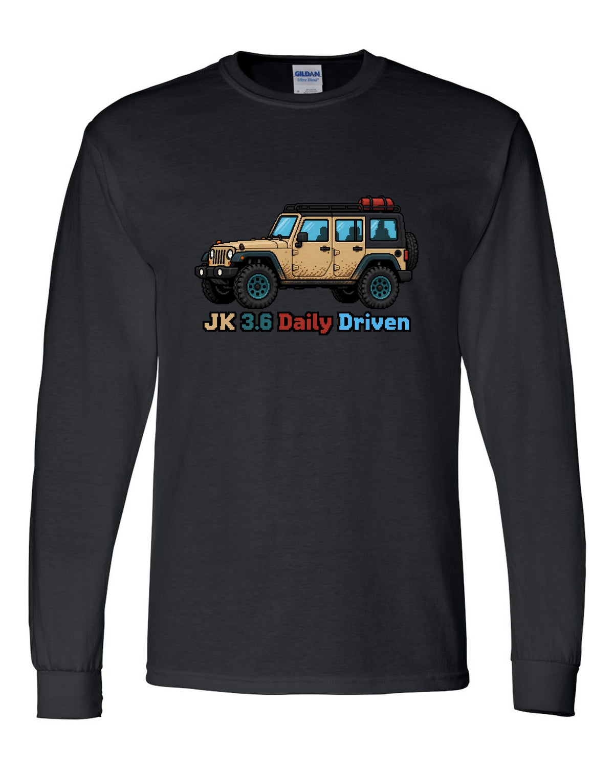 Jeep Wrangler JK 16-bit pixel art design with JK 3.6 daily driven text black long sleeve front view with the design