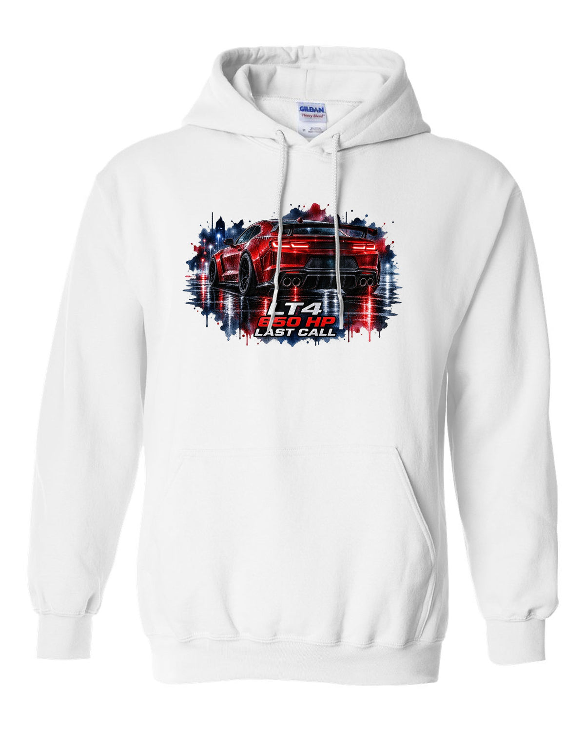 2023 Camaro ZL1 on a wet night road in watercolour style with LT4 650 HP Last Call text white pull over hoodie front view with the design