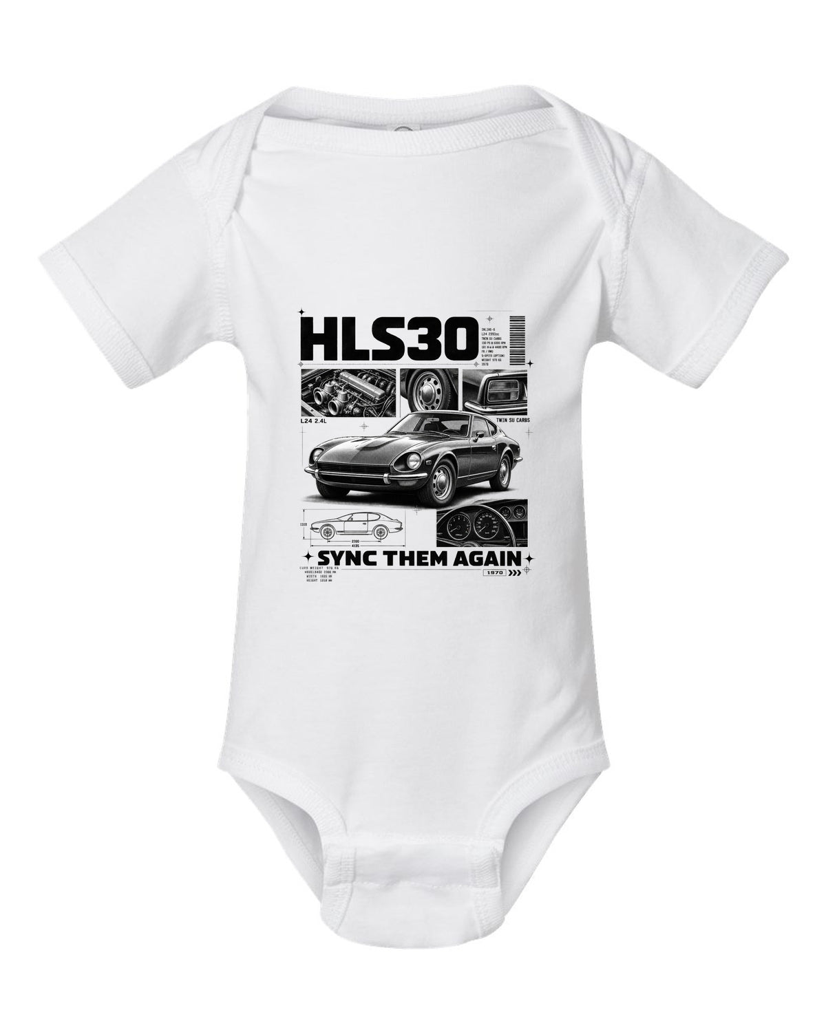 Dossier panel print of a 1970 Datsun 240Z HLS30 with L24 and twin SU carbs text white baby onesie front view with the design