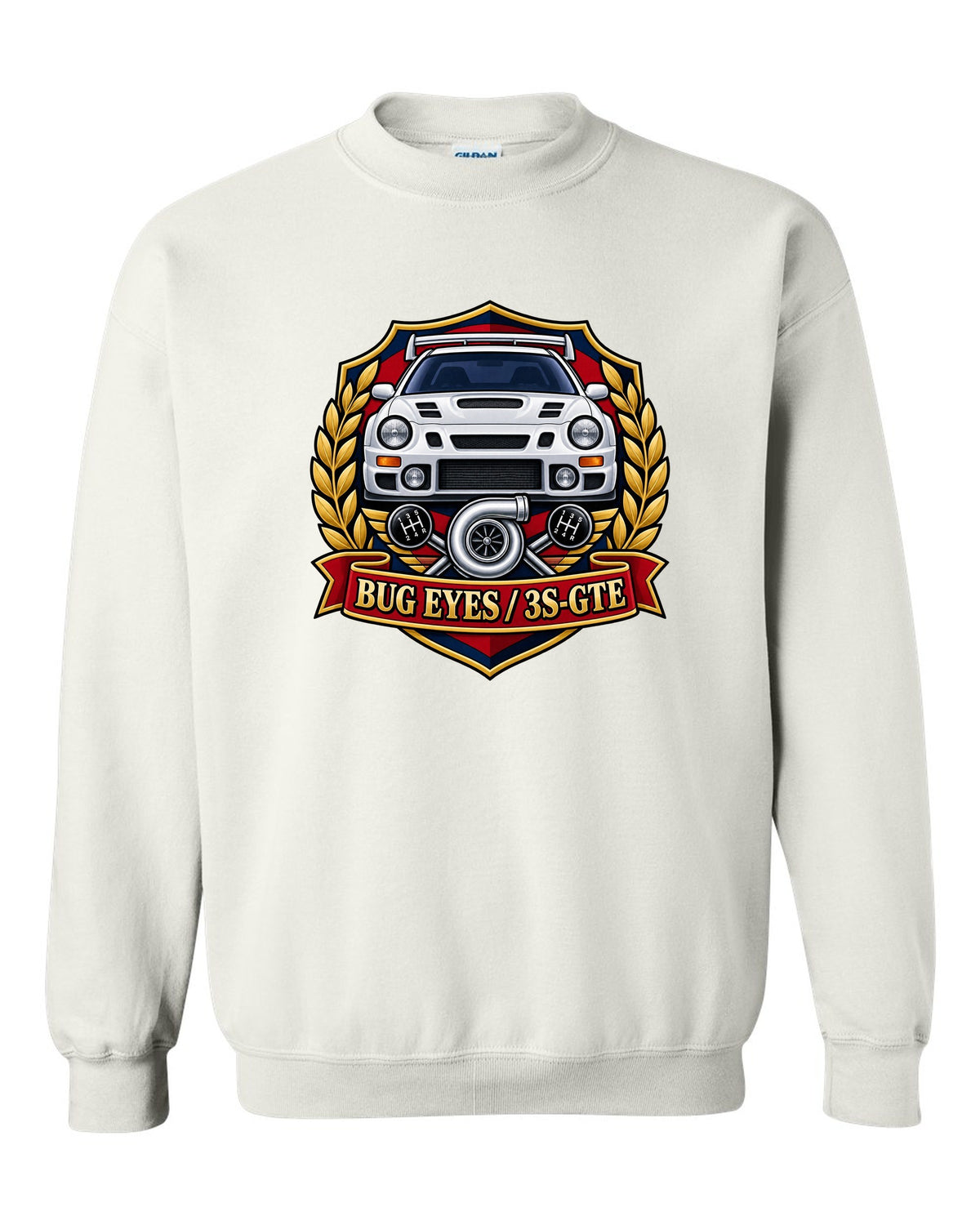Rally crest of a Toyota Celica GT-Four ST205 with Bug Eyes and 3S-GTE lettering white crewneck front view with the design