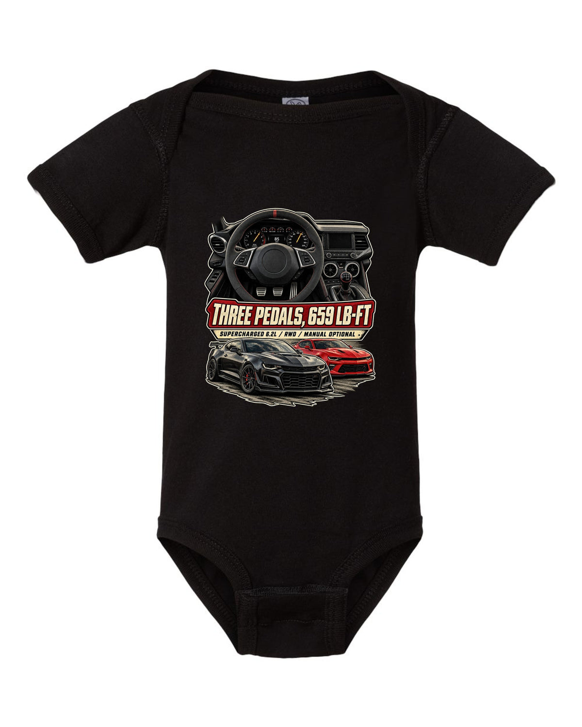 Gauge cockpit print of a 2022-25 Cadillac CT5-V Blackwing interior black baby onesie front view with the design