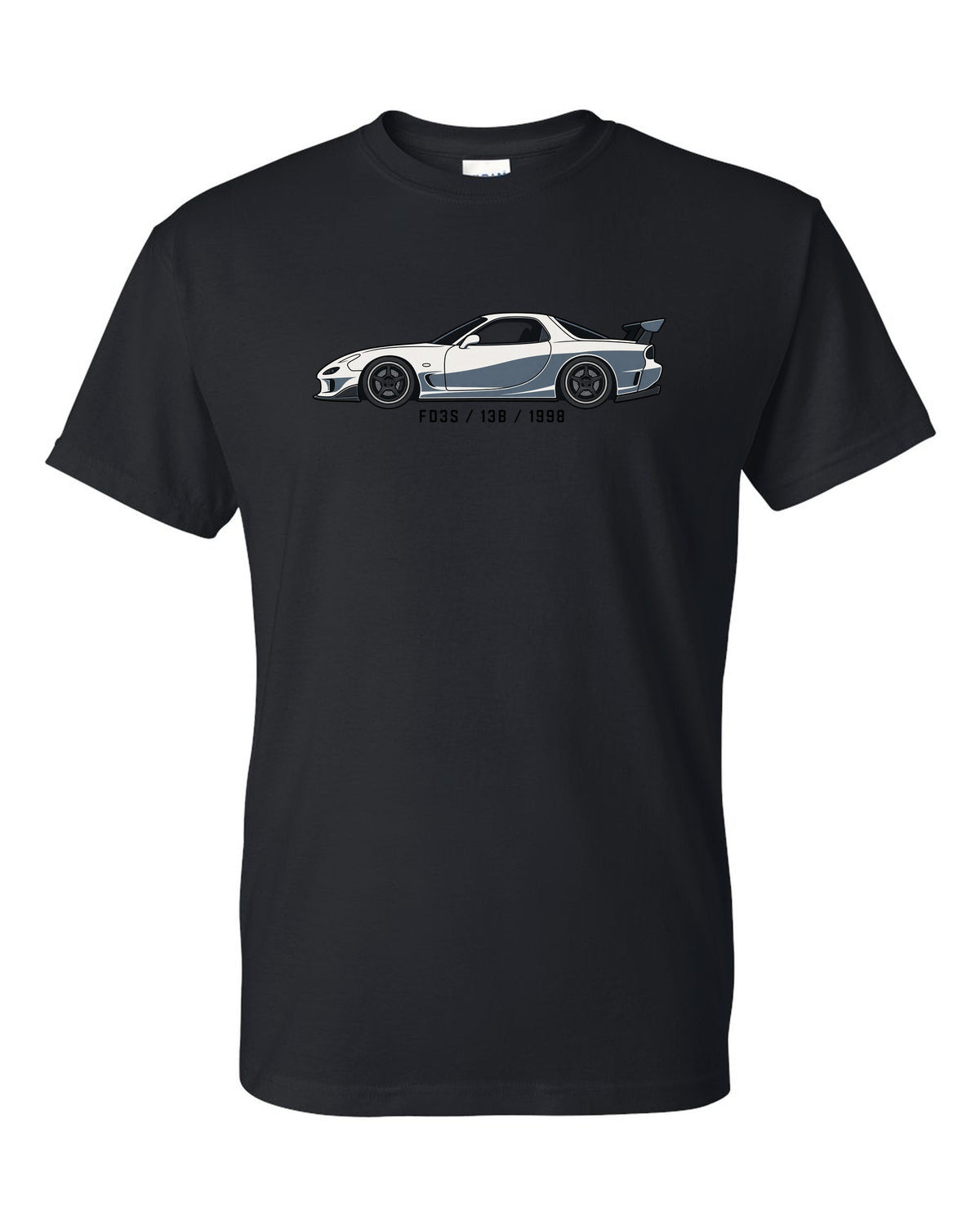 Embroidery-style varsity crest for the Mazda FD3S RX-7 reading TWIN TURBO SEQUENTIAL 1991 black t-shirt front view with the design