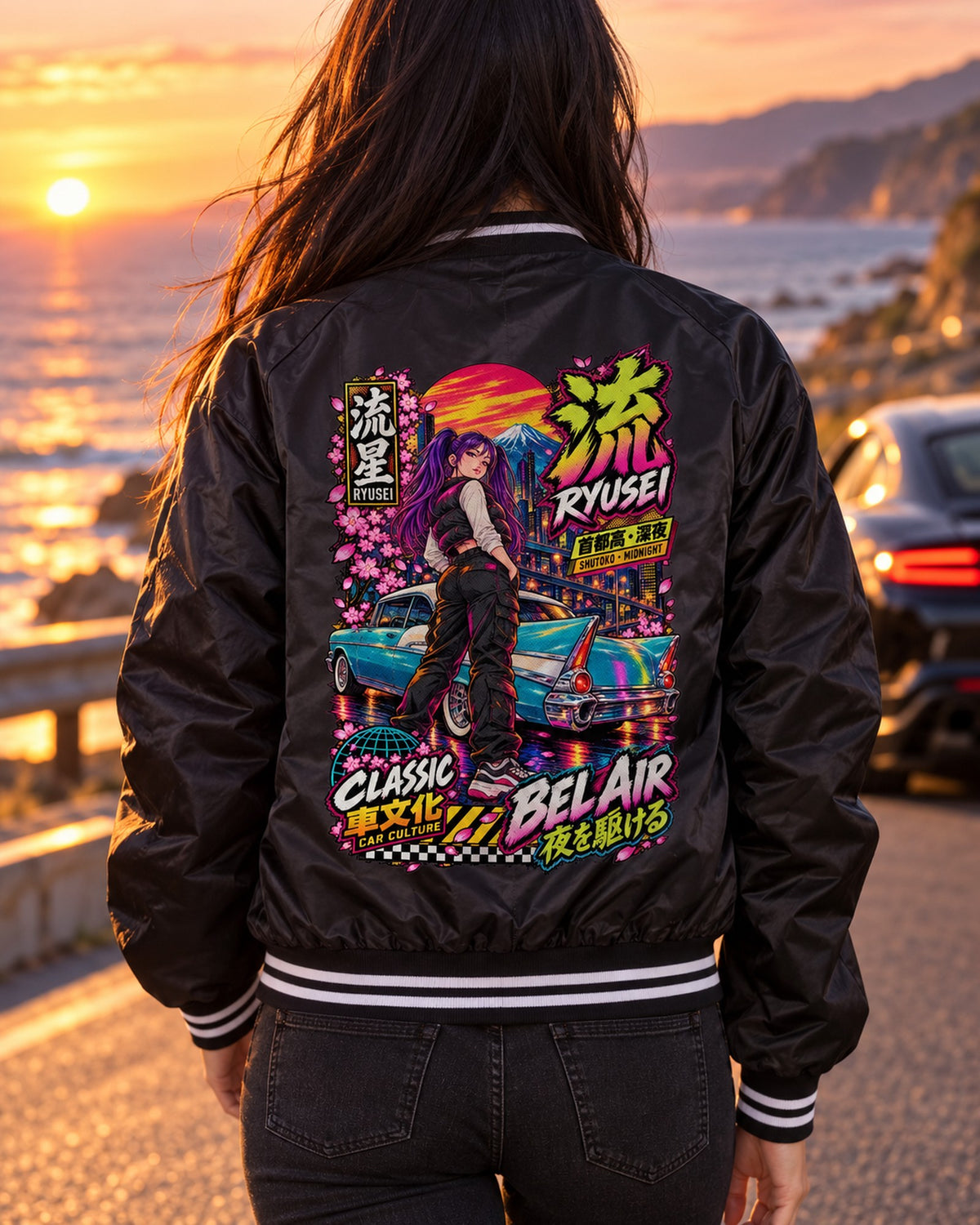 RYUSEI BEL AIR Anime Girl Full-Back Graphic Tee Bomber Jacket Black worn hero