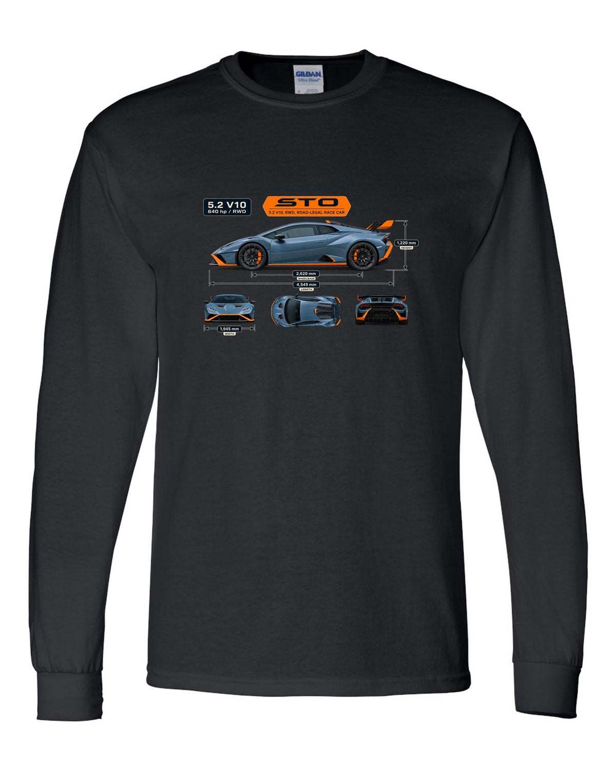 Dimension blueprint print of the Lamborghini Huracan STO black long sleeve front view with the design