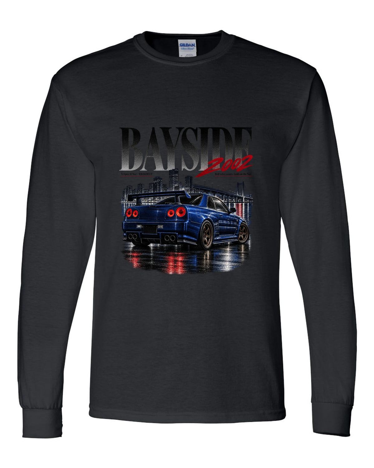 Editorial print of a Nissan Skyline GT-R R34 V-Spec II Nur rear with RB26DETT text black long sleeve front view with the design