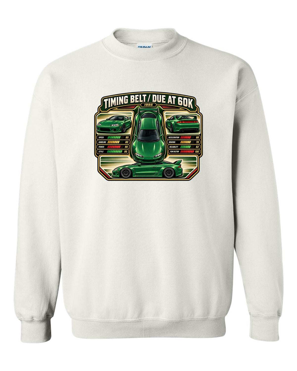 Top-down vector trading card print of a widebody Mitsubishi Eclipse GSX 2G with timing belt due at 60K text white crewneck front view with the design