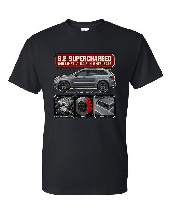 Dossier panel print of the Jeep Grand Cherokee Trackhawk WK2 with engine and torque black t-shirt front view with the design