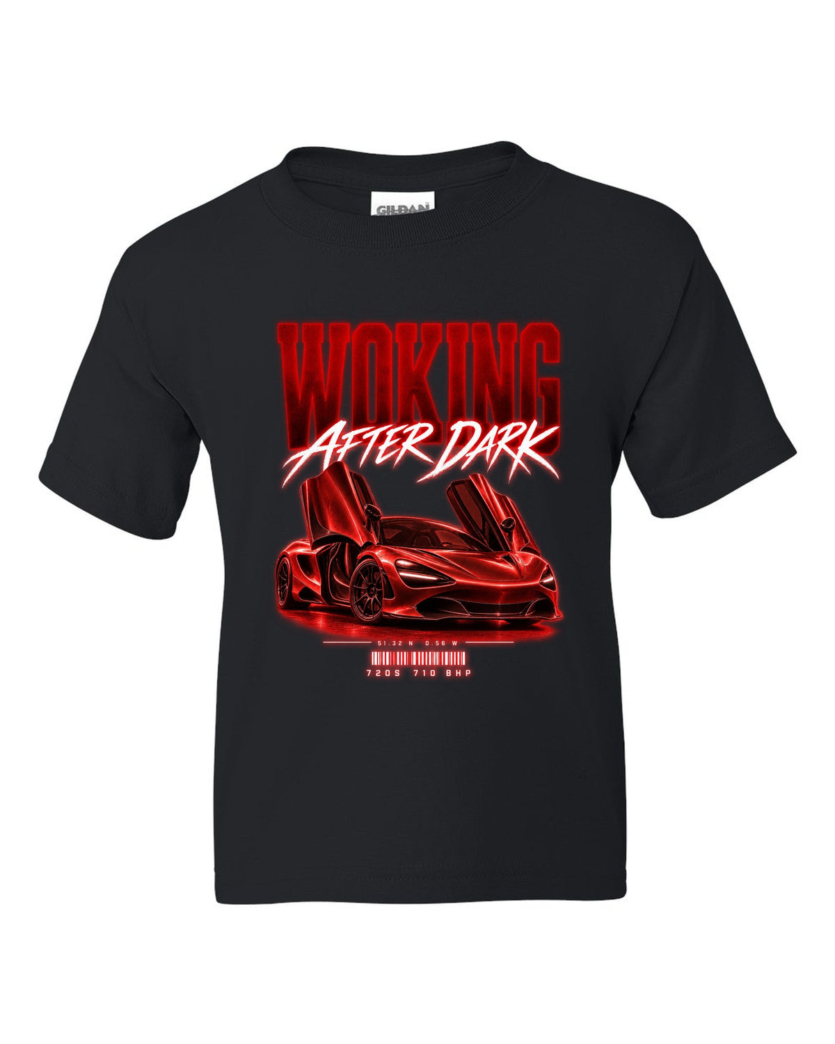 Street poster print of a 2017 McLaren 720S at night with Woking after dark text black kids tee front view with the design
