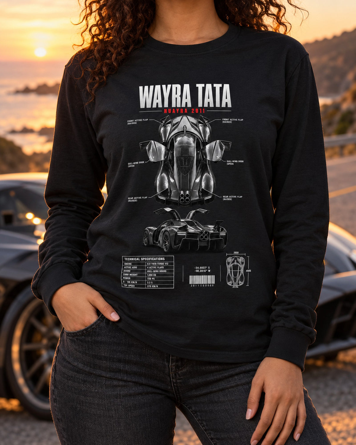Pagani Huayra 2011 Wind Spec Poster Shirt, Hypercar Fan Gift Long Sleeve Black worn hero