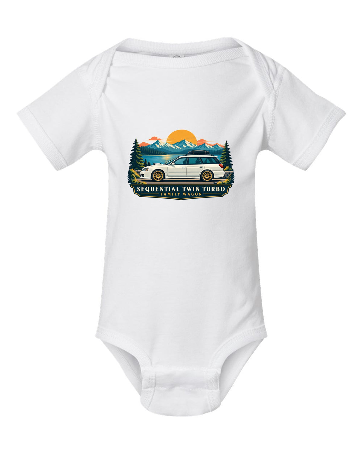 Subaru Legacy BC5 RS as a linocut, 100,000 KM / AT 223 KM/H white baby onesie front view with the design