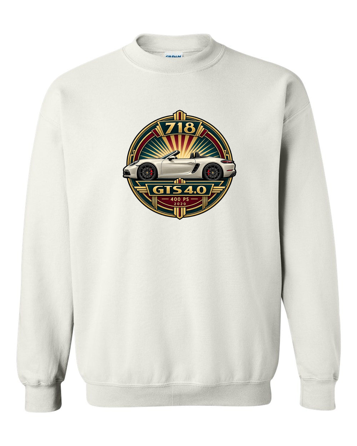 Art deco poster crest design for the Porsche 718 Boxster GTS 4.0 with 400 PS and 2020 lettering white crewneck front view with the design