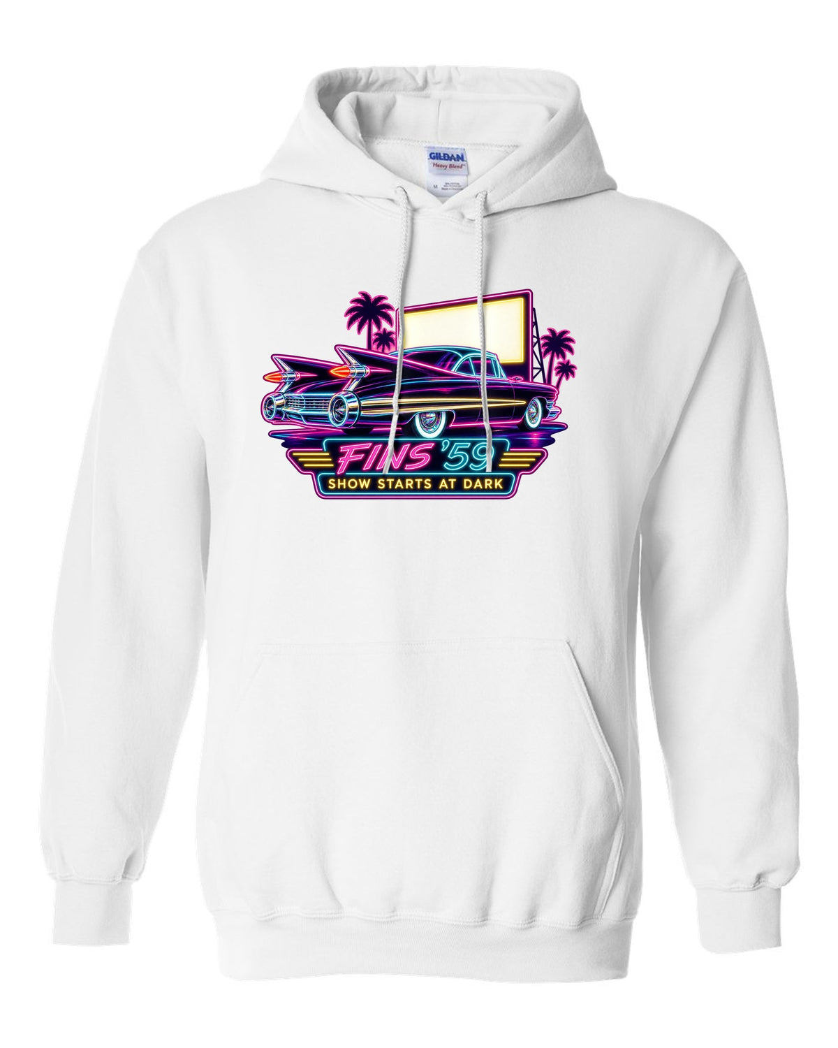 1959 Cadillac Coupe de Ville under neon sign glow at a night drive-in white pull over hoodie front view with the design