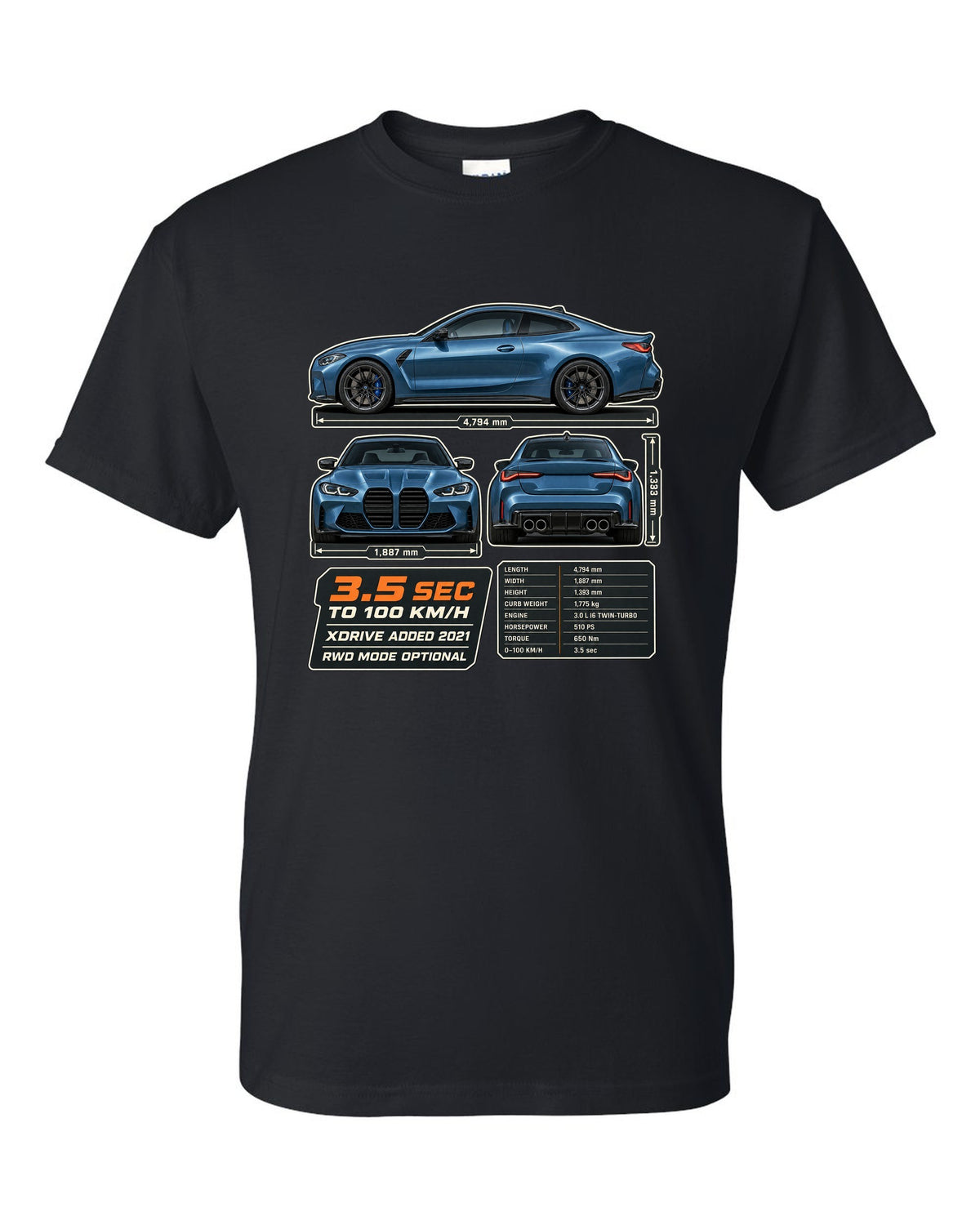 BMW M4 Competition xDrive G82 three-view drawing with spec table print black t-shirt front view with the design