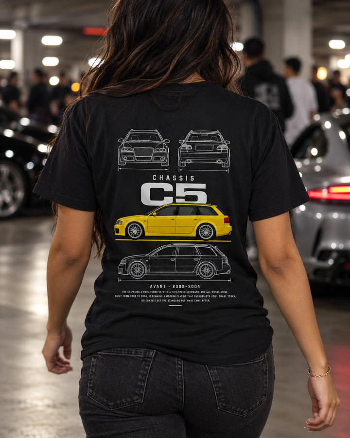 Audi C5 RS6 Avant wagon Blueprint Full-Back Graphic Tee, C5 Chassis Code T-Shirt Black worn hero