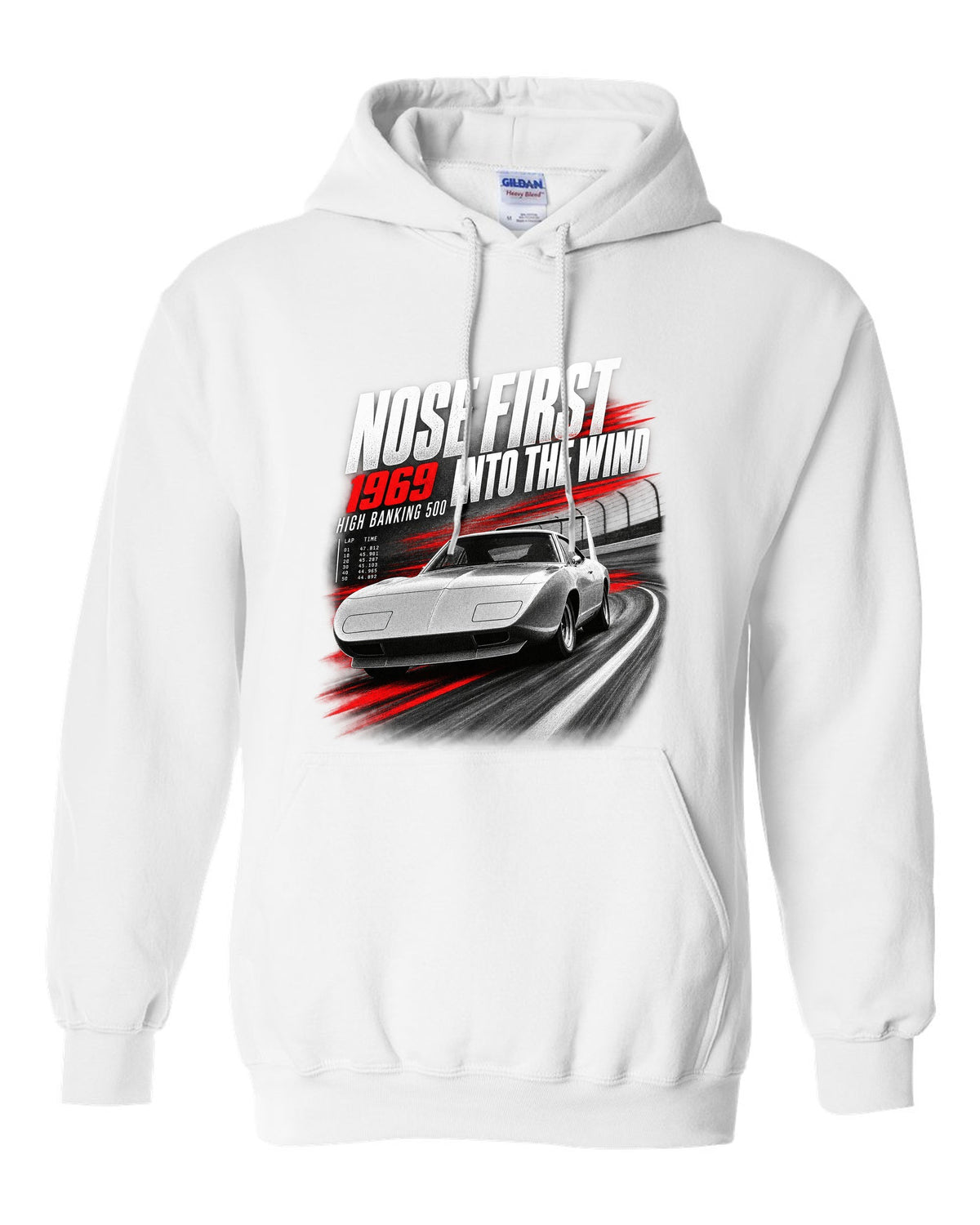 1969 Dodge Charger Daytona race poster print with nose first into the wind lettering white pull over hoodie front view with the design