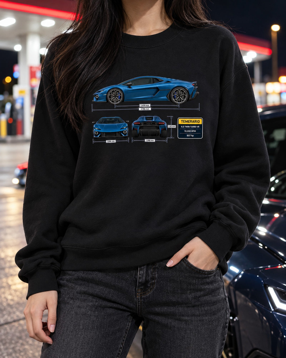 Lamborghini Temerario Three-View Spec Shirt, Twin-Turbo V8 Crewneck Black worn hero