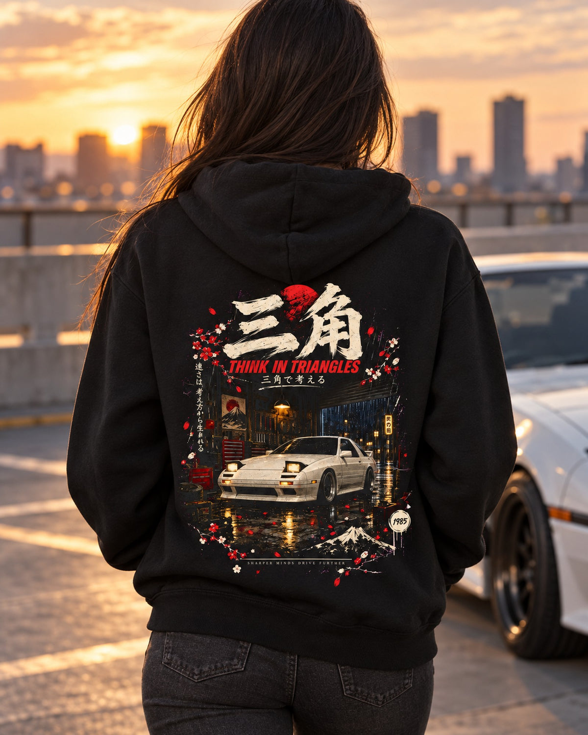 Mazda RX-7 FC Think In Triangles Shirt, Hoodie & More Pull Over Hoodie Black worn hero