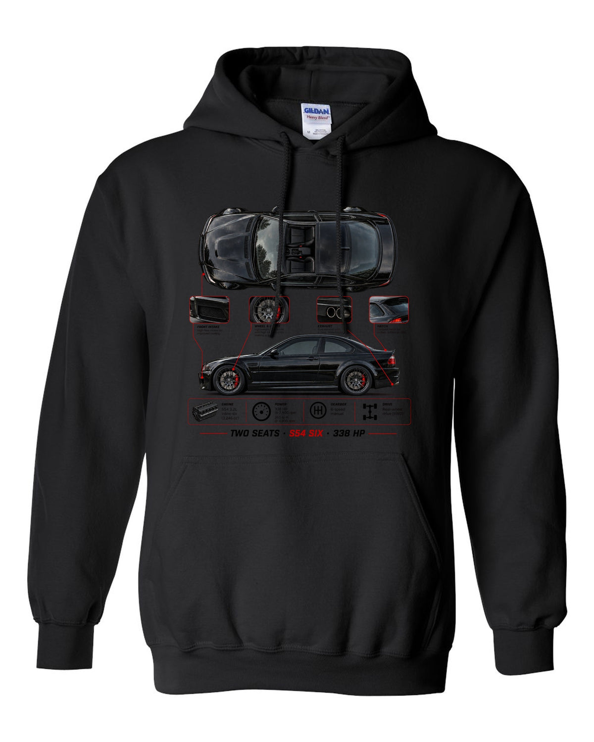 BMW Z4 M Coupe E86 spec poster print with two seats S54 six 338 hp black pull over hoodie front view with the design