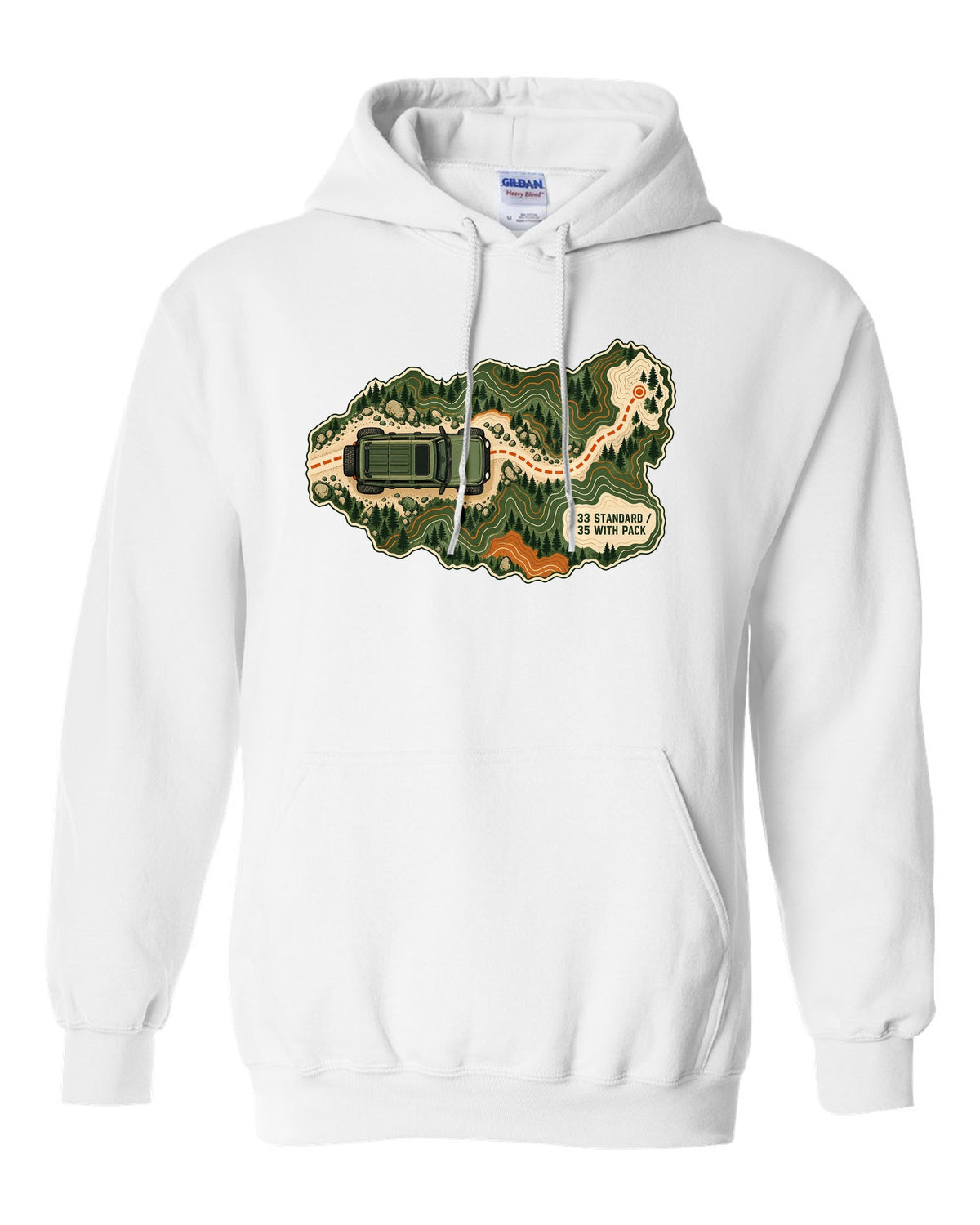 Topographic route map art of a 2021 Ford Bronco 4-door Badlands with 33 STANDARD 35 WITH PACK notes white pull over hoodie front view with the design