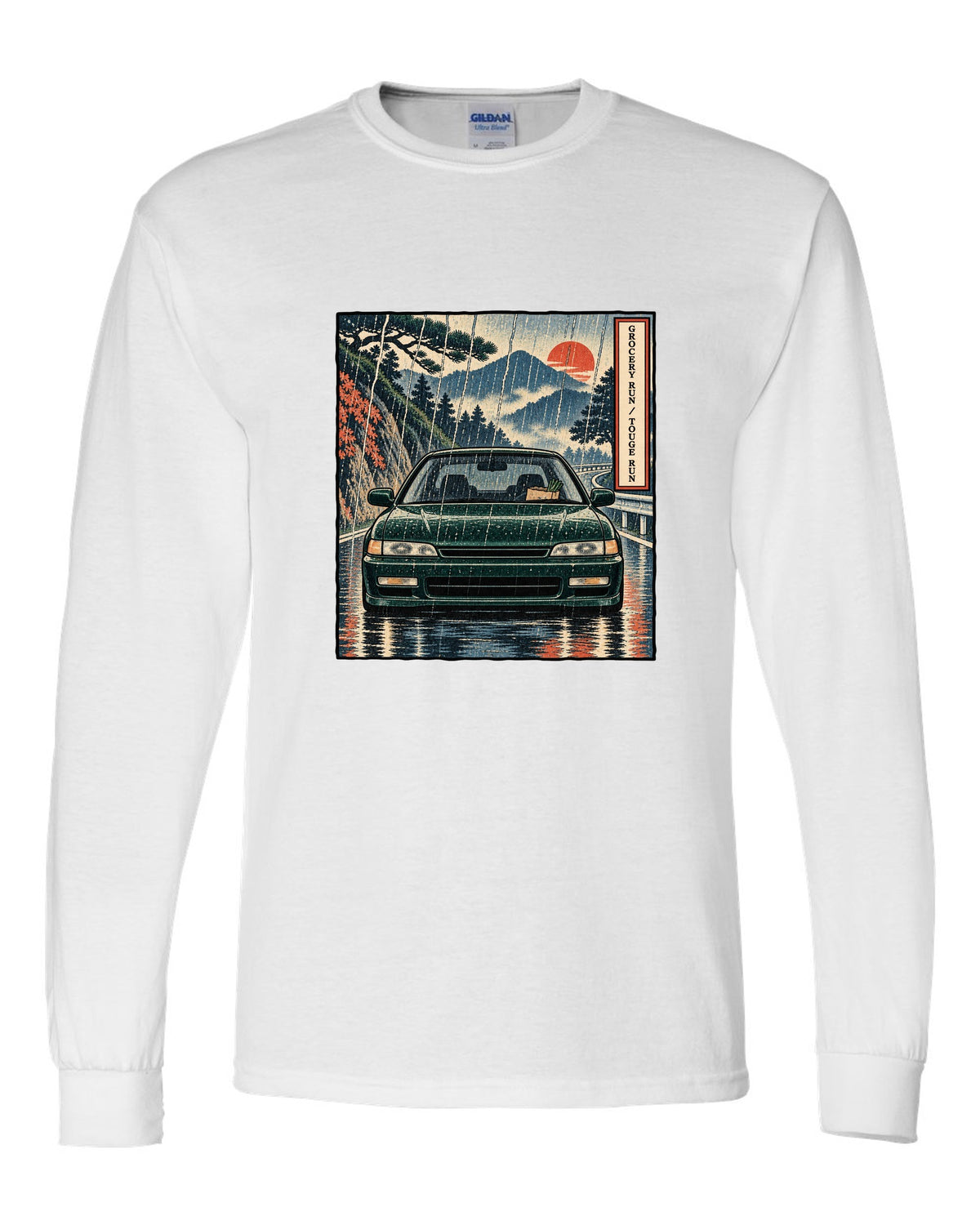 Ukiyo-e woodblock style print of a Honda Accord CD6 SiR with grocery run touge run text white long sleeve front view with the design