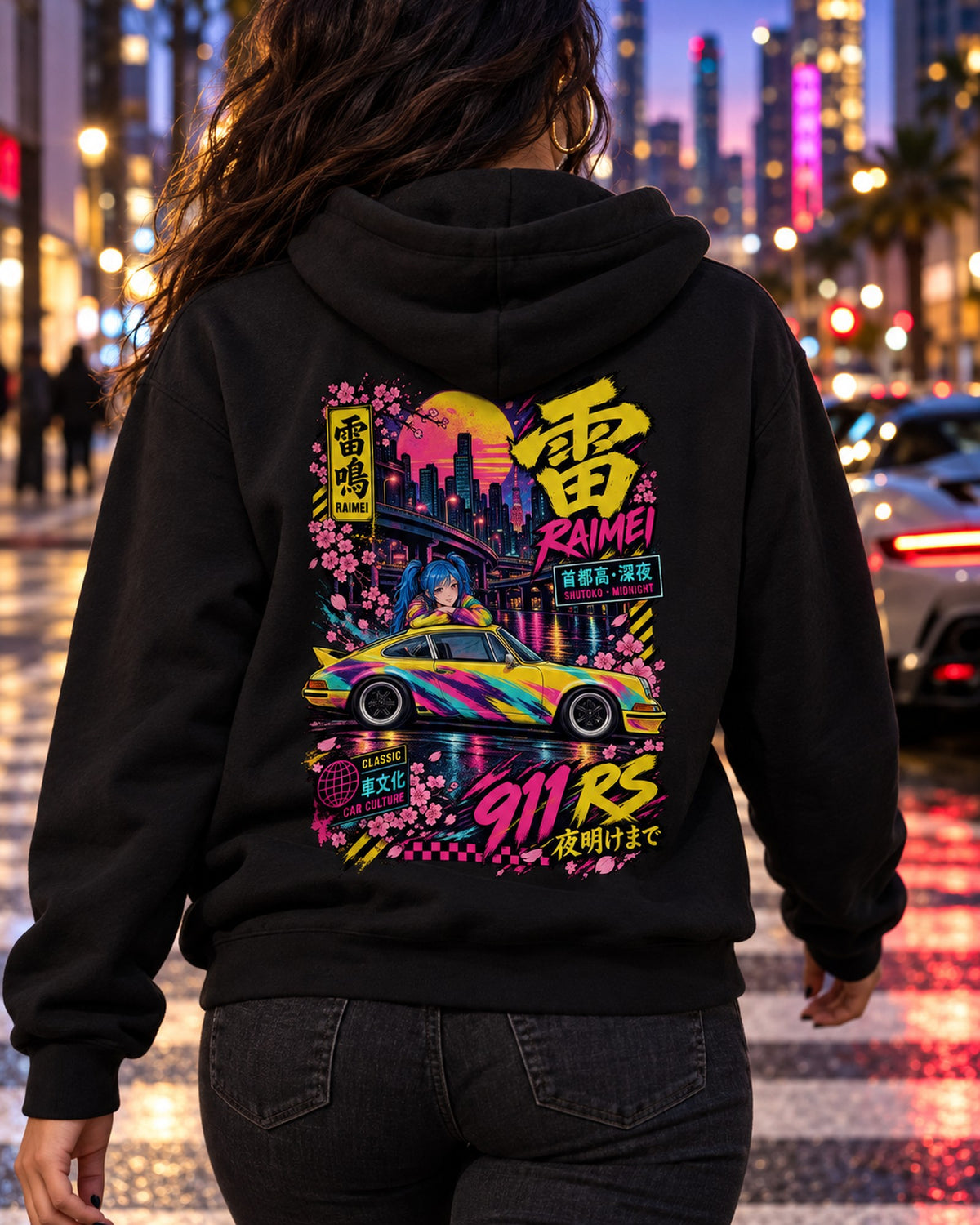 RAIMEI 911 RS Anime Girl Full-Back Graphic Tee Pull Over Hoodie Black worn hero