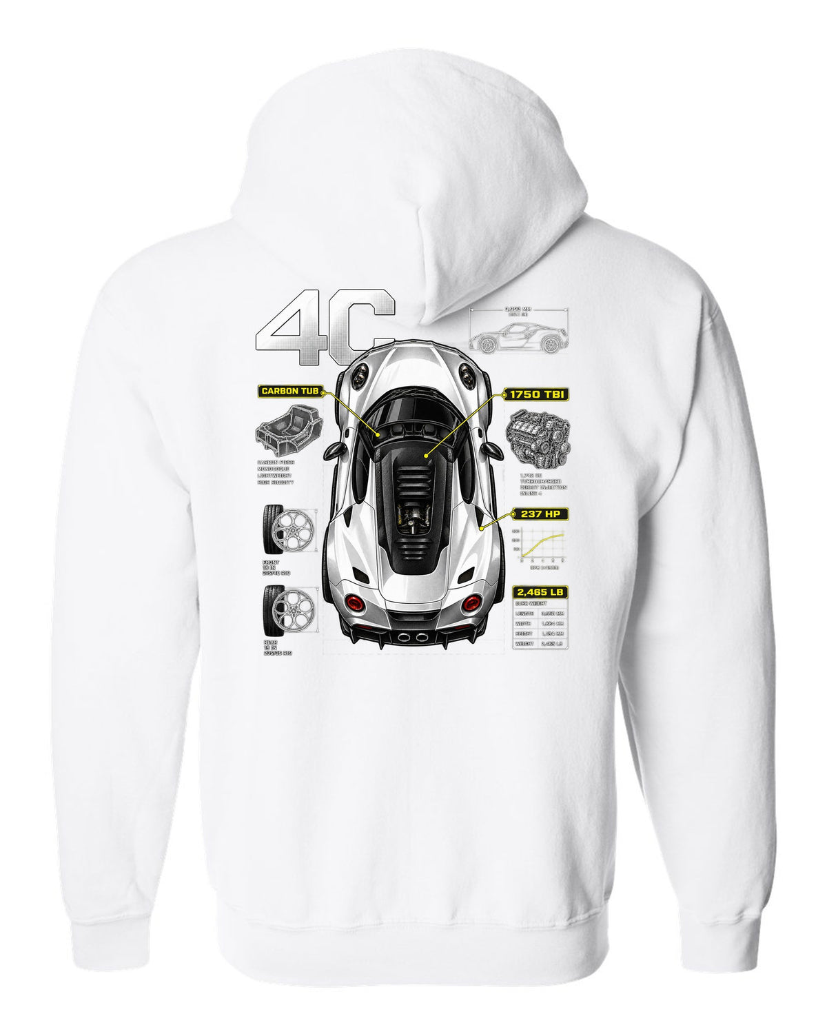 Overhead spec poster print of an Alfa Romeo 4C with carbon tub and 237 HP text white zip hoodie back view with the design