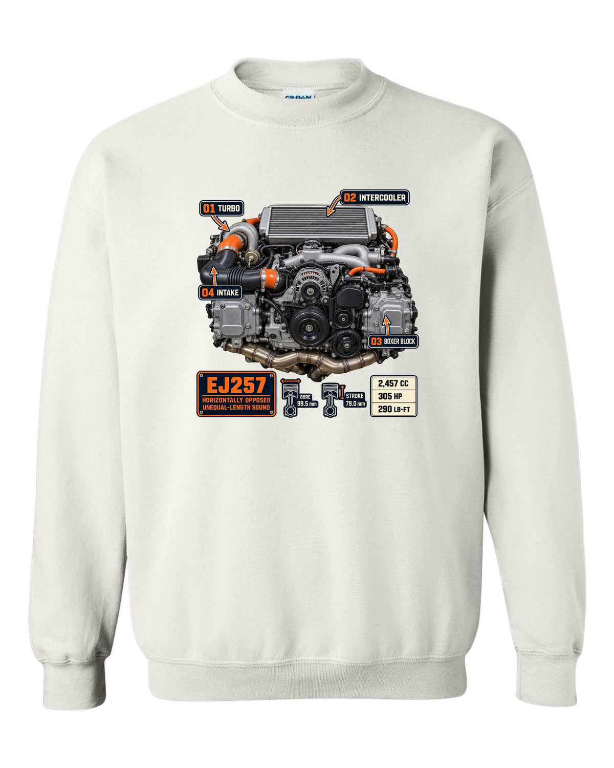 Poster-style print of a Subaru EJ257 boxer engine from the WRX STI VA with technical callouts white crewneck front view with the design