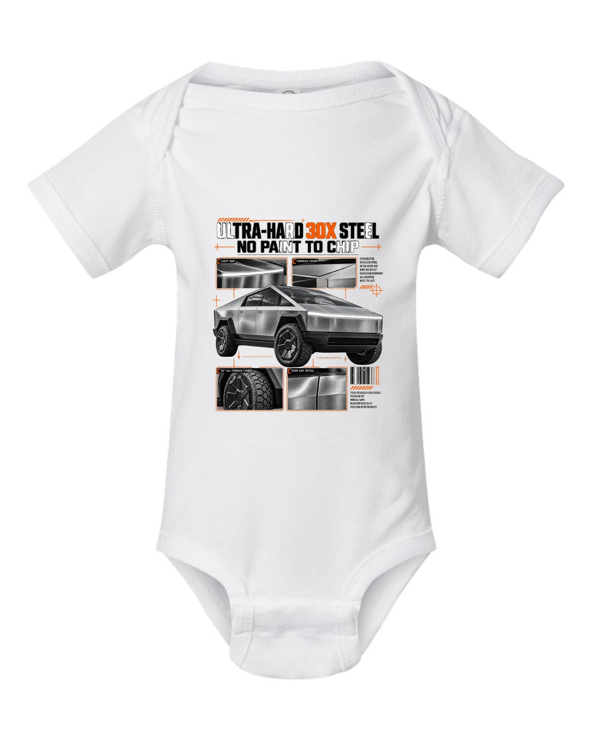 Tesla Cybertruck 2023 dossier panel graphic with ultra-hard 30X steel and no paint to chip white baby onesie front view with the design