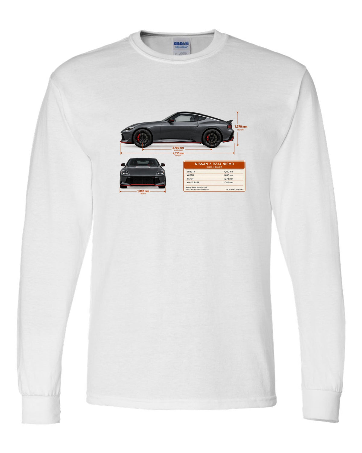 Orange 2024 Nissan Z RZ34 Sport rear view with taillight, ducktail lip and twin round tips white long sleeve front view with the design