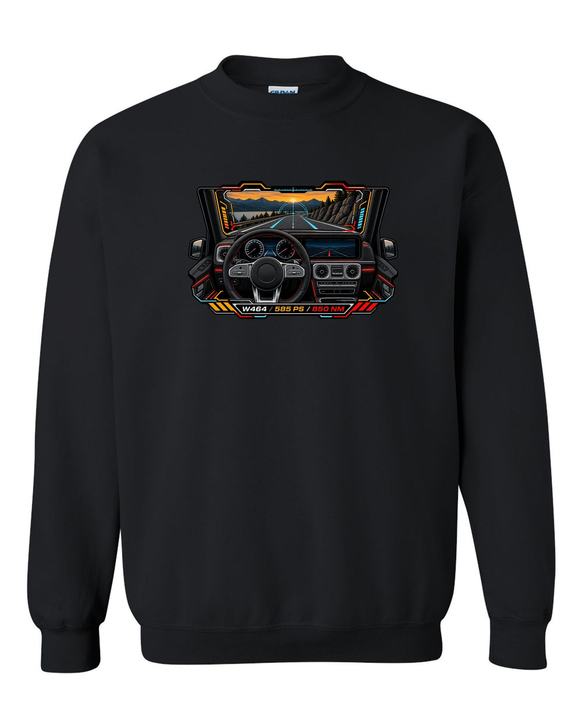 Gauge-cluster HUD graphic reading W464 585 PS 850 NM for the Mercedes G63, print black crewneck front view with the design