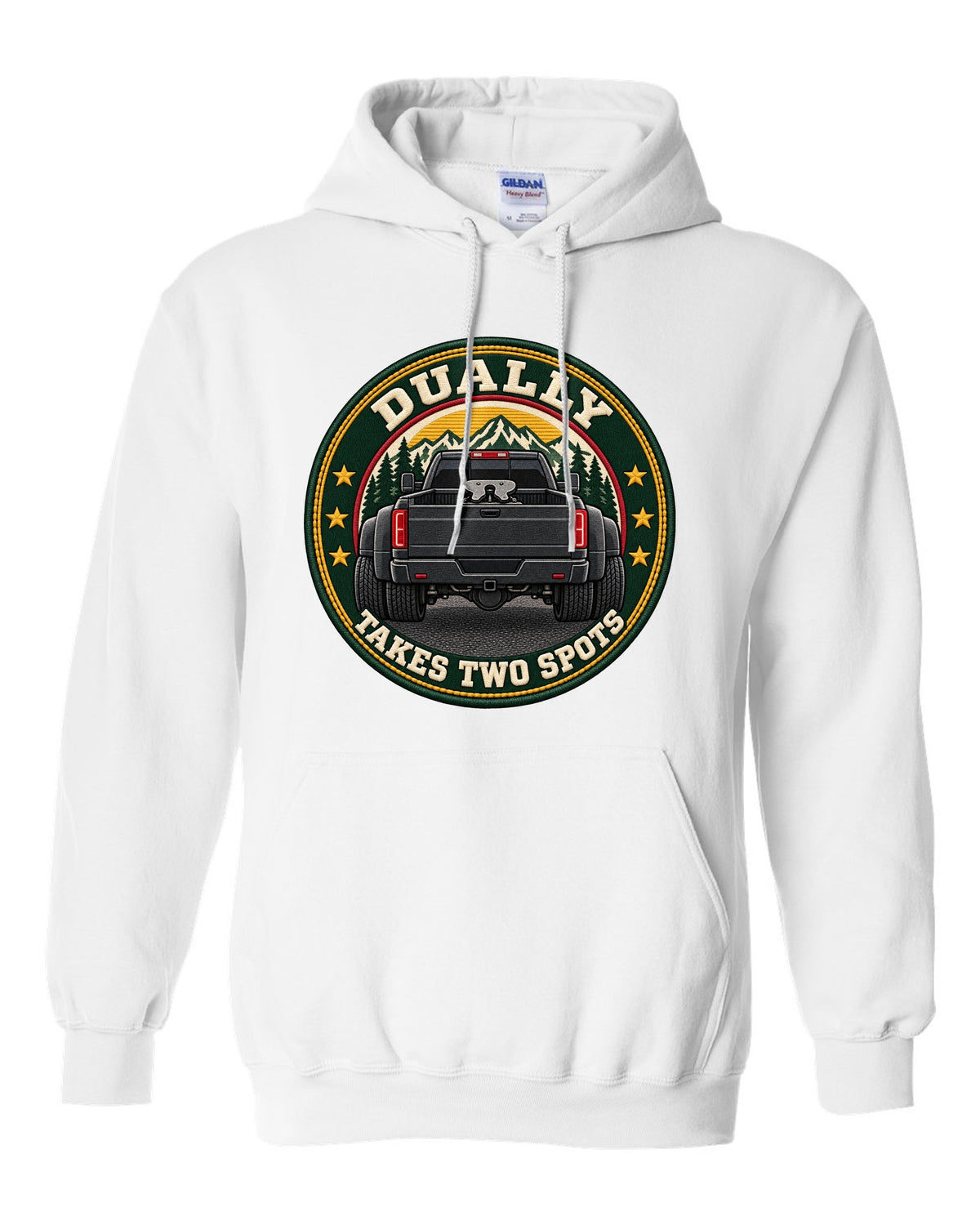 Varsity crest print for a 2019-2024 Ram HD 3500 dually with fifth wheel and takes two spots text white pull over hoodie front view with the design