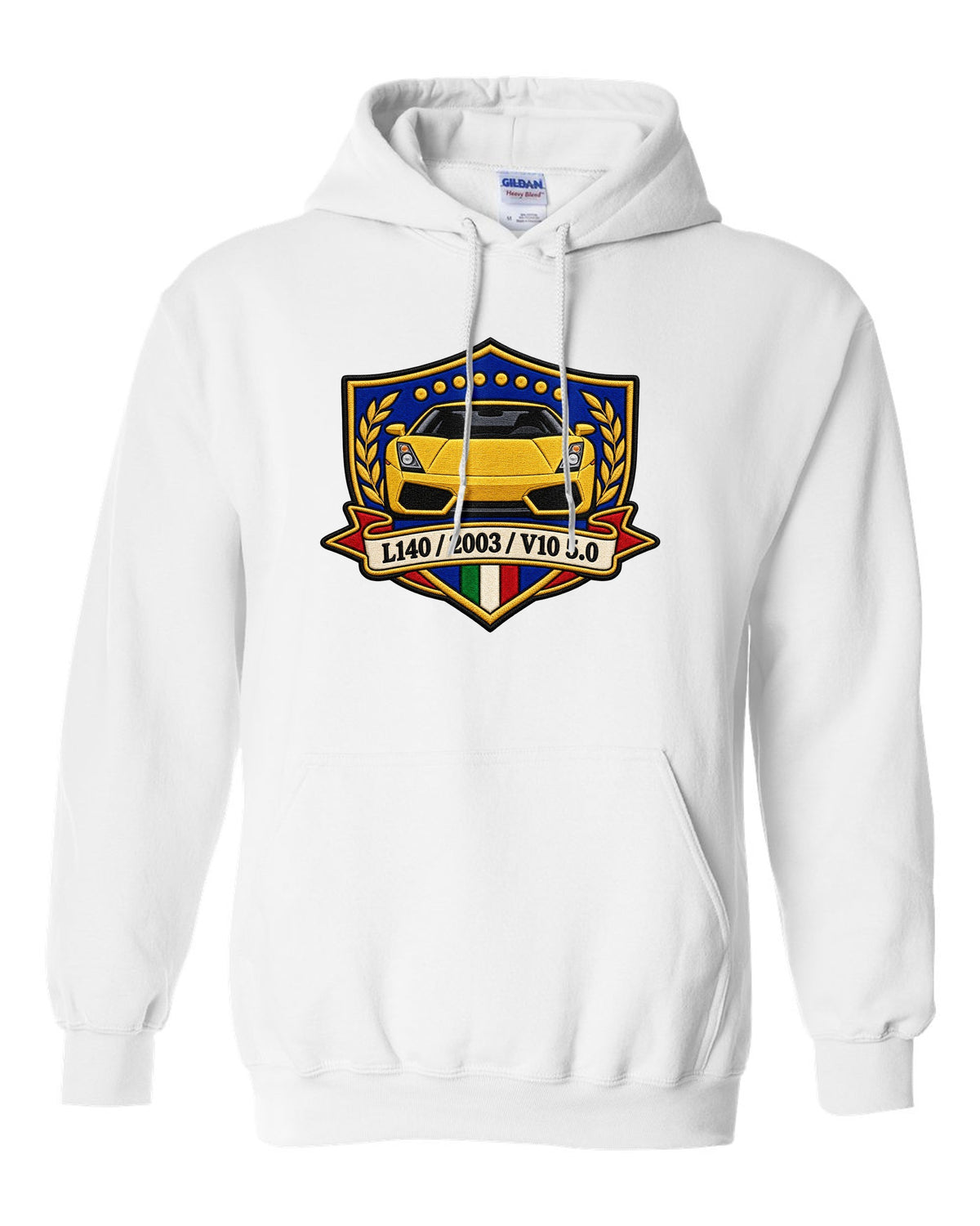 Embroidery-style crest for a 2003 Lamborghini Gallardo L140 with V10 5.0 text white pull over hoodie front view with the design