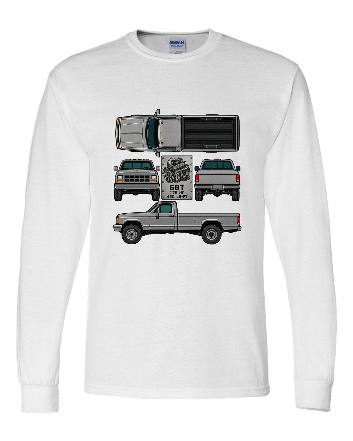 Spec-sheet data plate print of a Dodge Ram D250 6BT Cummins with horsepower and torque white long sleeve front view with the design