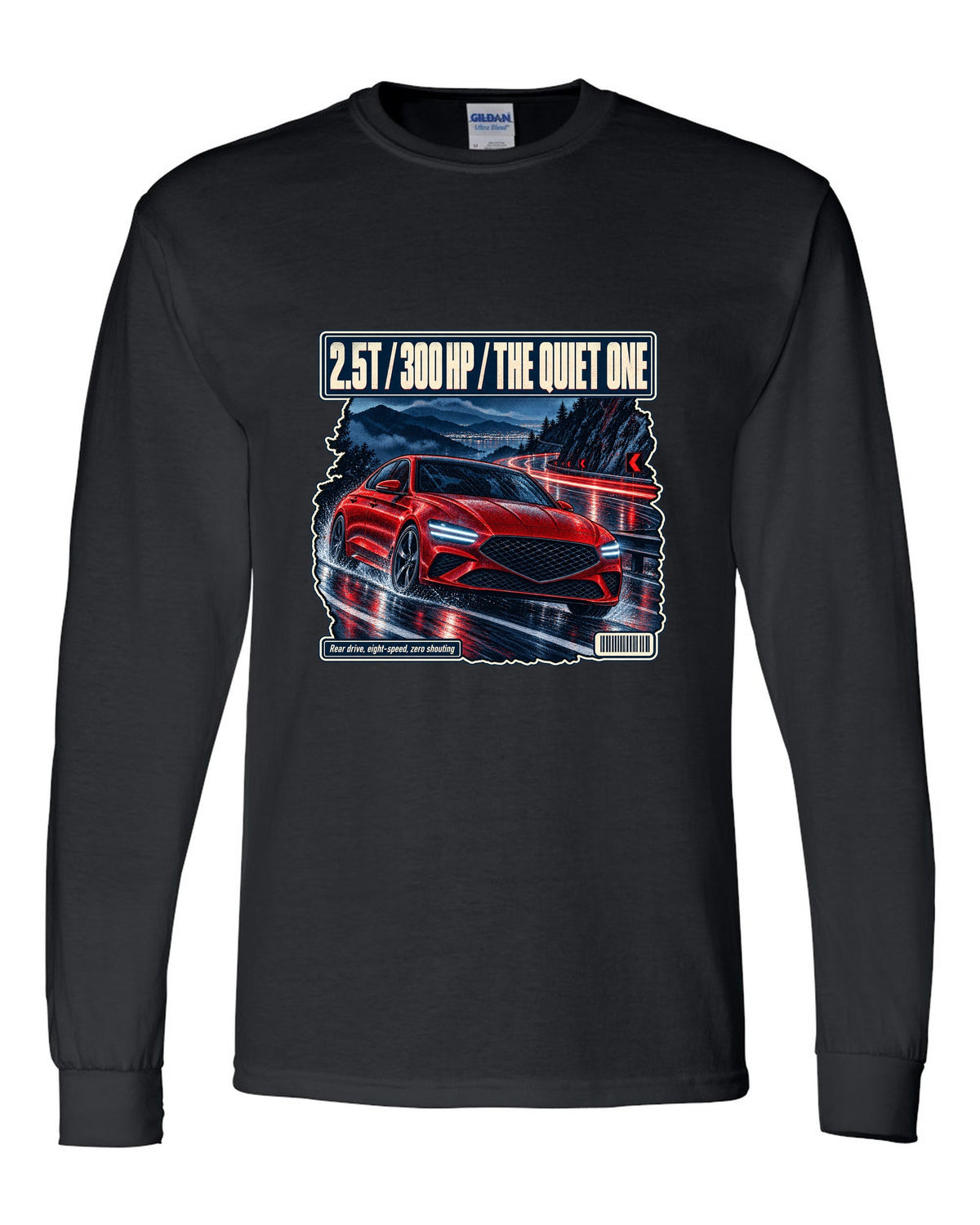 Night touge print of the Genesis G70 with 2.5T 300 HP lettering black long sleeve front view with the design