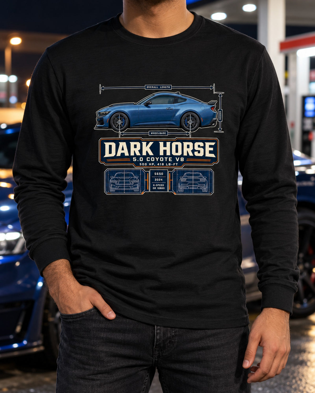 Ford Mustang S650 Dark Horse Dimension Blueprint Shirt, Coyote V8 Long Sleeve Black worn hero
