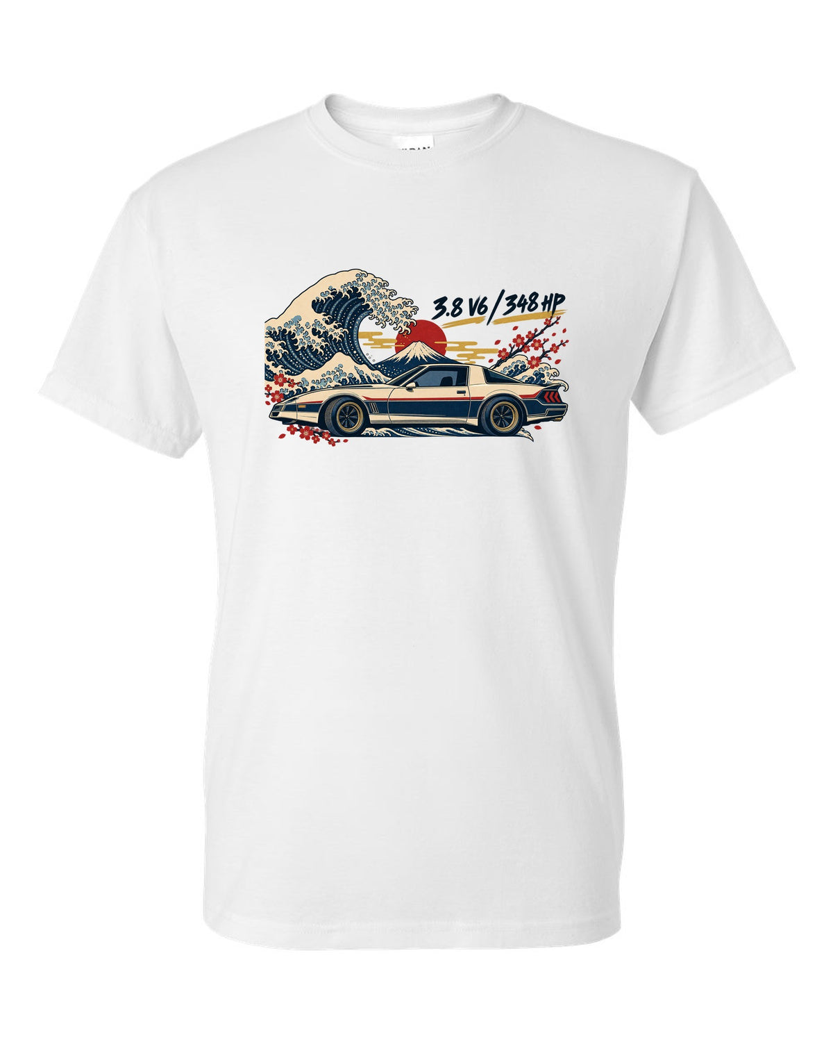 Ukiyo-e woodblock print of a Hyundai Genesis Coupe BK2 with 3.8 V6 348 HP text white t-shirt front view with the design