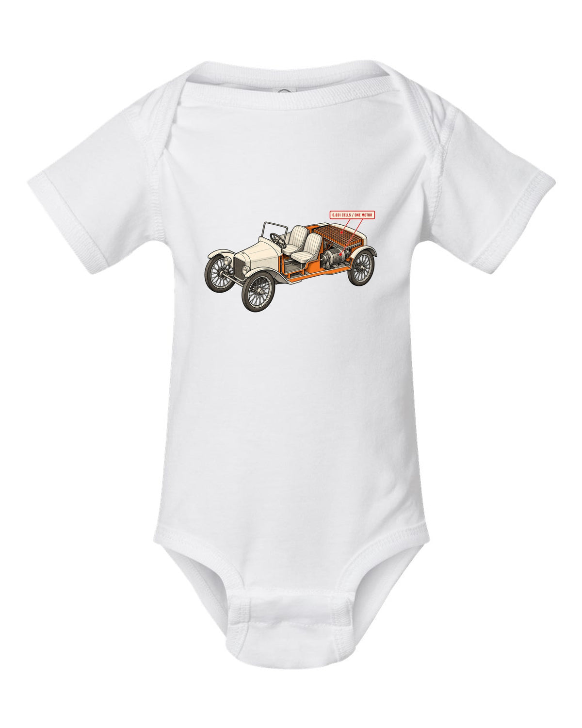 Isometric cutaway diagram print of a Tesla Roadster Gen 1 reading 6,831 Cells One Motor white baby onesie front view with the design