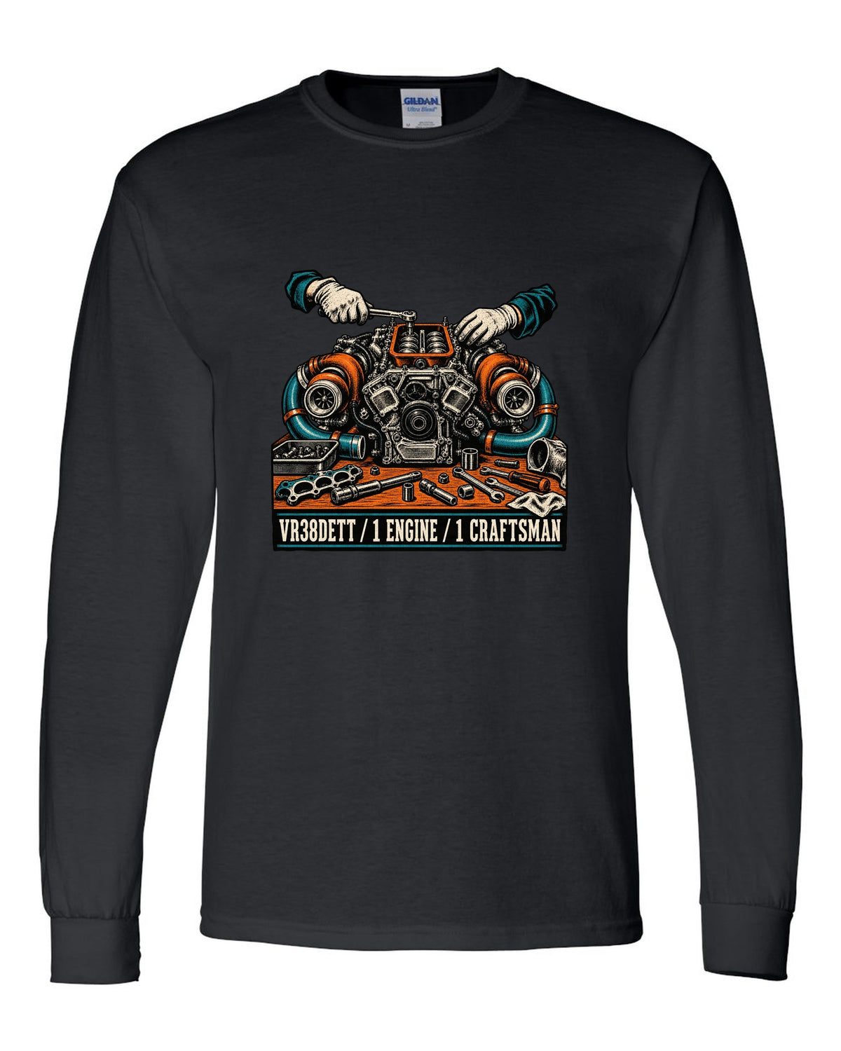 Linocut block-print back design of a Nissan GT-R R35 with VR38DETT engine text black long sleeve front view with the design