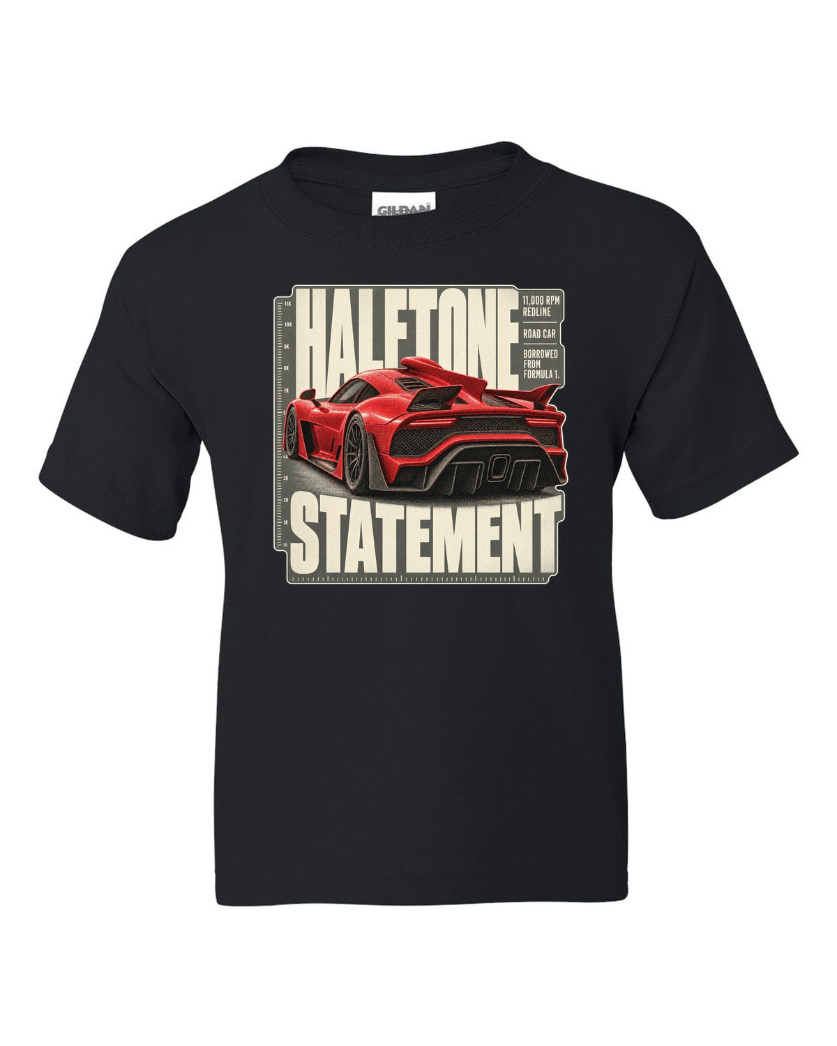 Mercedes-AMG One halftone design of the shark-fin airscoop black kids tee front view with the design