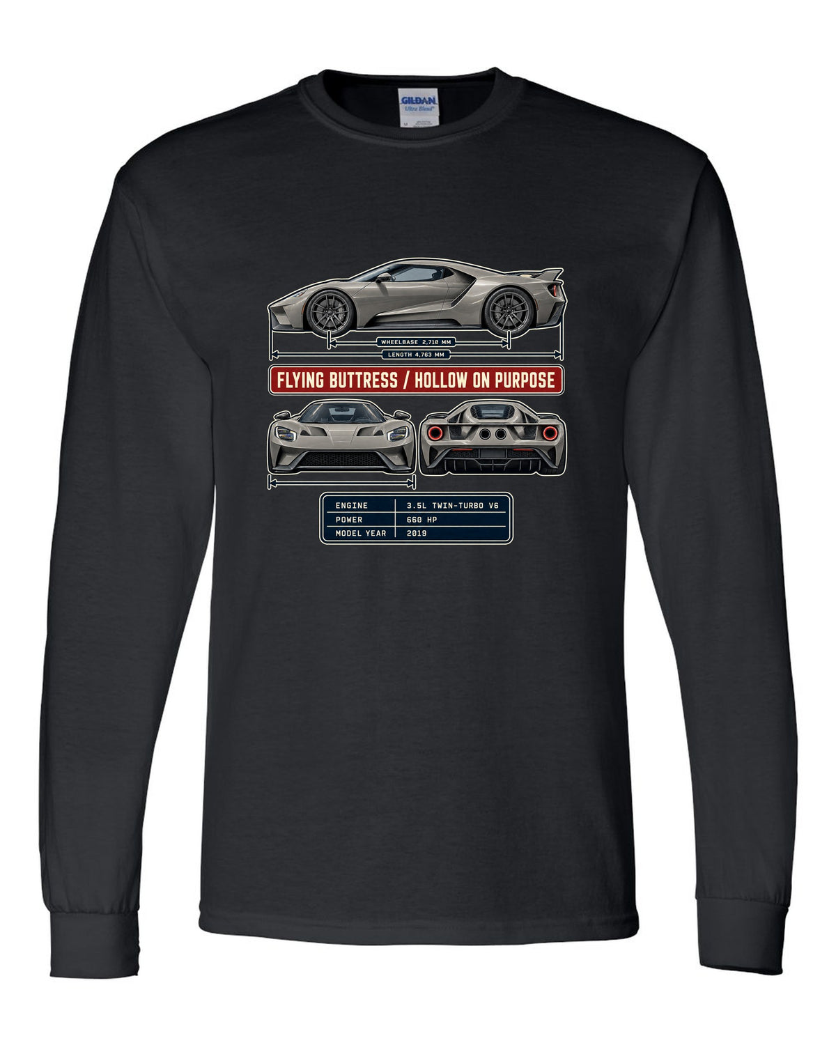 print of a 2019 Ford GT three-view drawing with spec table and flying buttress text black long sleeve front view with the design