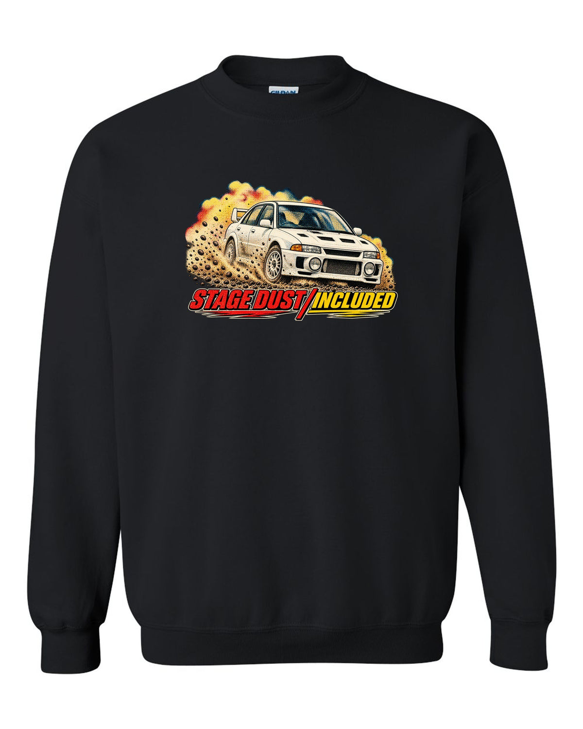 Halftone rally magazine style Mitsubishi Lancer Evolution III CE9A on gravel black crewneck front view with the design